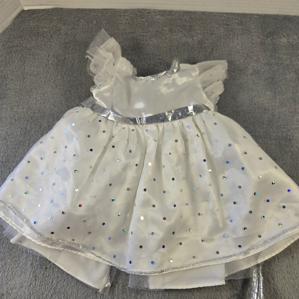 Build-A-Bear Workshop White Sequin Party Dress Silver Trim Plush Outfit